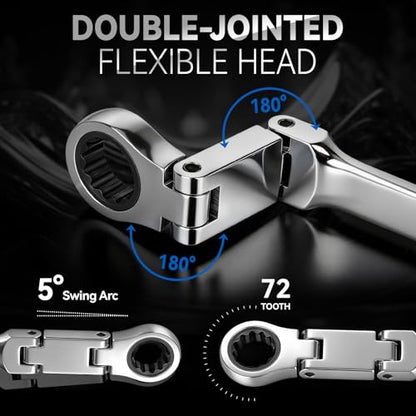 DISEN Extra Long Flex Head Ratchet Wrench Metric 8-9MM, Double Jointed Box End Ratcheting Combination Wrench, 72-Teeth, Cr-V Steel,12 Point - size: 8-9mm SET