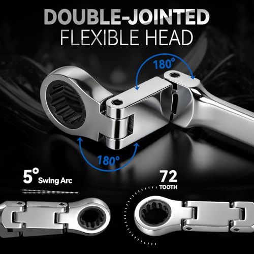 DISEN Extra Long Flex Head Ratchet Wrench Metric 17-19MM, Double Jointed Box End Ratcheting Combination Wrench, 72-Teeth, Cr-V Steel,12 Point - size: 17-19mm SET