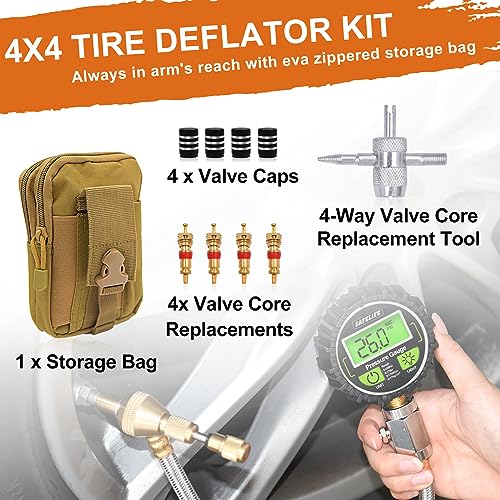 SAFELIFE 4x4 Digital Tire Deflator kit，Professional Tire Pressure Gauge 250PSI, Rapid Air Down Tire Deflators Offroad Accessories