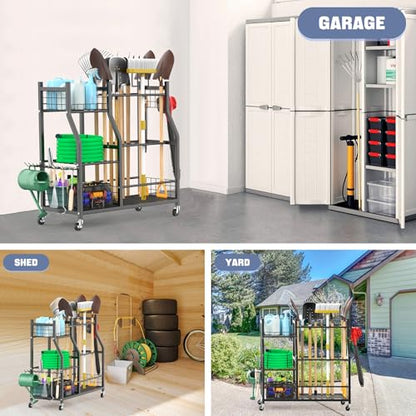 WALMANN Garden Tool Organizer with Wheels for Garage, Large Storage Capacity, Rakes/Shovels/Yard Tools Storage Stand for Shed, Garden, Indoor/Outdoor Long-Handled Tools Rolling Cart - style: Large-stand