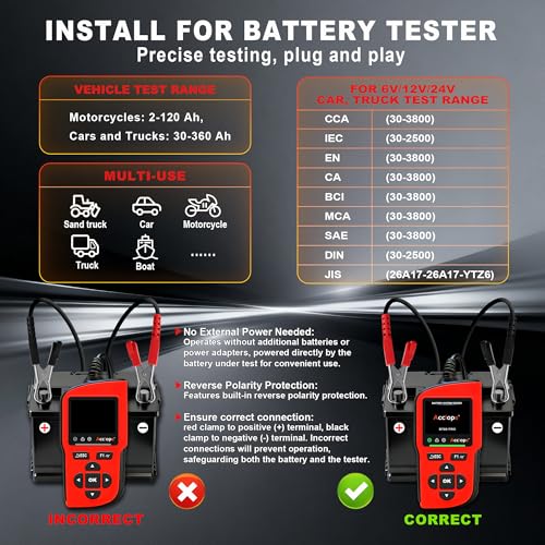 BT90 PRO 2-360Ah Battery Tester with Cloud Printing, 30-3800 CCA, 6V/12V/24V Digital Analyzer, SOH/SOC/Volt/Res/Cranking&Charging Test, Real‑Time Ambient Temp, AGM/EFB/Gel/Li - color: RED