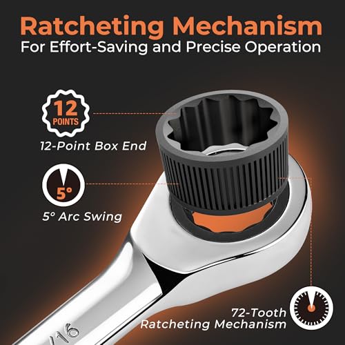 8-Piece SAE Ratcheting Combination Wrench Set, 72-Tooth, CR-V Steel | Mirror Polished, 12-Point Design, Rolling Pouch Included, Ideal for Domestic Automotive Repairs and Home Garage Projects - size: 5/16"-3/4"