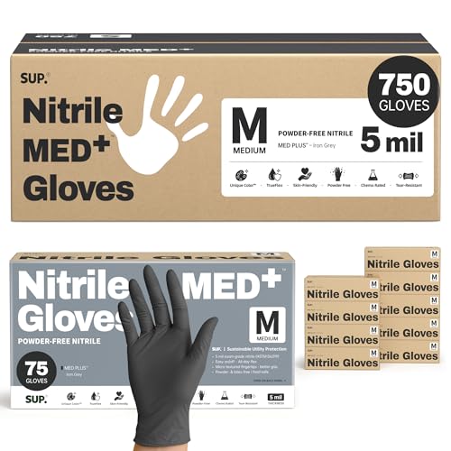 SUP MED+ Black Nitrile Exam Gloves, 5 Mil Disposable Gloves Latex & Powder-Free Medical Food Safe Cooking Glove, 75 or 750 Ct - color: Medium (Black 1000)