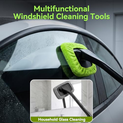 Car Windshield Cleaner Tool, Inside Windshield Cleaning Tool | with 4 Washable and Reusable Microfiber Pads, Auto Wiper Inside Compact Windshield Brush for Car & Home Windows