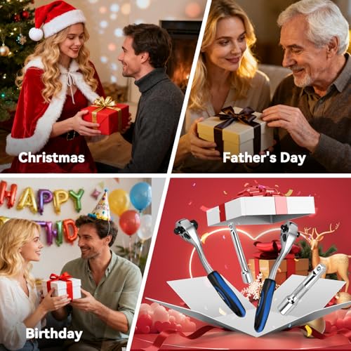 DISEN Ratchet Wrench, 2 in 1 Bit Socket Wrench with 1/4", 3/8", 1/2" Drive, 72-Tooth, Reversible, CR-V Steel Made, CR-MO Head, Dust Proof Teardrop Enclosed Head, Gifts for Men
