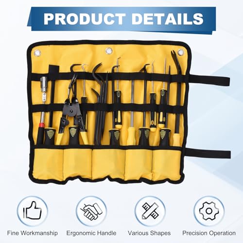 17Pcs Hook and Pick, Rotary Head Magnetic Pickup Tool Clip Pliers Plastic Pry Pieces Large Small Hook Pry Bar Gasket Scraper for Remove Hoses Gaskets Car Panel Fastener, Yellow - color: Yellow
