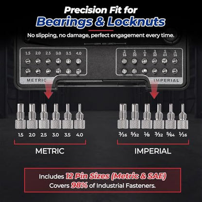 25 Piece Pin Spanner Wrench Set,42CRMO Heat-Treated,Nickel-Plated Finish,Adjustable Spanner Wrench for Bearings,Pulleys & Lock Nuts,Metric & Imperial Precision Pin Wrench,160mm Arms,180° Rotation
