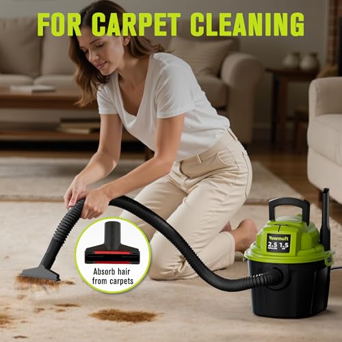 2.5 Gal Shop Vac, 1.5 HP Mini Wet Dry Vacuum with Blower, YWDV25B | 3-in-1 Portable Compact Shop Vacuum with 15ft Reach & Attachments for Car, Garage, Home