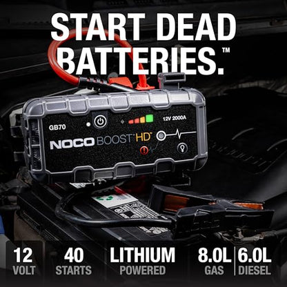 NOCO Boost GB70: 2000A UltraSafe Jump Starter – 12V Lithium Battery Booster Pack, Portable Jump Box, Power Bank & Jumper Cables - for 8.0L Gas and 6.0L Diesel Engines