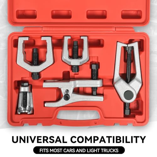 Auto Dynasty [5PC] Universal Repair Kit with Joint Separator Kit Tie Rod Ball Joint Romover Pitman Arm Puller Tie Rod End Puller, Red Storage Case - color: Red