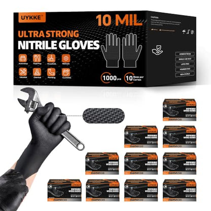 HEAVY DUTY 10 Mil Nitrile Gloves Disposable Rubber Cooking Gloves Industrial Raised Diamond Texture,Latex Free 1000PCs - size: Large
