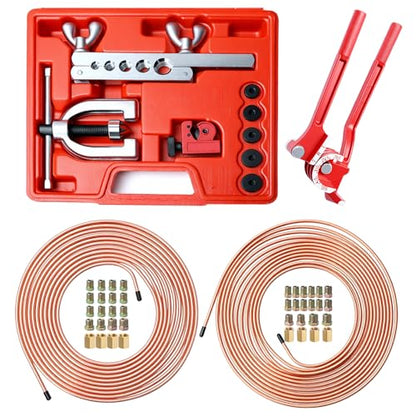 25ft 1/4''+3/16'' The Latest Copper Coated Brake Line Kit with 32 Fittings and 8 Unions Brake Line Fittings+Tube Bender+Double & Single Flaring Tool Kit for Most Hydraulic Braking Systems - size: 3/16"+1/4" Brake Lines