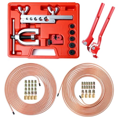 25ft 1/4''+3/16'' The Latest Copper Coated Brake Line Kit with 32 Fittings and 8 Unions Brake Line Fittings+Tube Bender+Double & Single Flaring Tool Kit for Most Hydraulic Braking Systems - size: 3/16"+1/4" Brake Lines