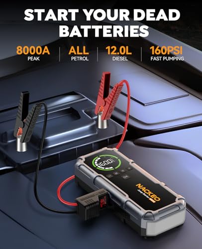Car Battery Jump Starter with Air Compressor 8000A 160PSI, Car Jumper Starter Portable (All Gas/10L Diesel), Jump Starter Jump Box with Jumper Cables, LED Light, Large LCD Display, Power Bank