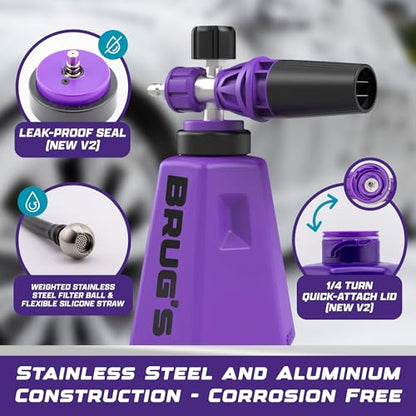 Brug's™ Pro Foam Cannon V2 - Professional Car Wash Foam Gun for Pressure Washer - Adjustable Spray Blaster, 1.1mm Orafice, Wide Neck Bottle, 1/4" Quick Connector - Snow Foam Cannon