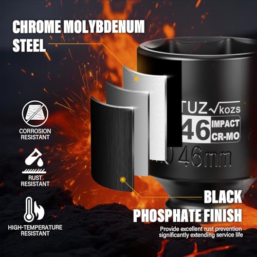 1/2 Inch Drive 46mm Deep Metric 6 Point CR-MO Impact Socket | Radius Corner Design,Square Chamfered Opening,Axle Nut Impact Grade Socket for Easy Removal - size: 1/2” Drive 46mm Deep, style: 1/2" Drive Deep Socket
