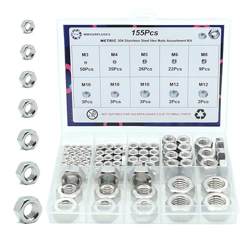 155 Pcs Metric Hex Nuts Kit, M3 M4 M5 M6 M8 M10 M12 | 304 Stainless Steel, Standard Metric Coarse Thread, Hardware Nuts - size: Metric (155Pcs)