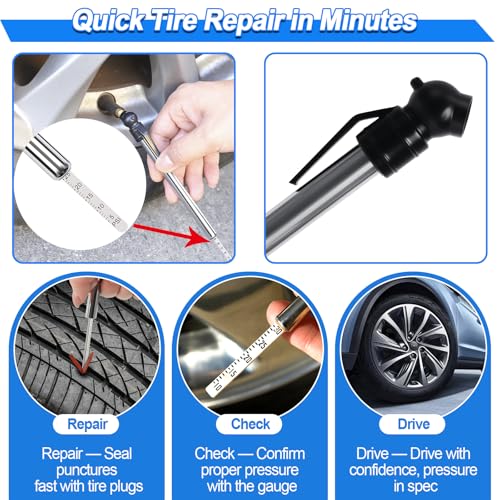 Tire Plug Kit, 160 PCS Tubeless Tire Repair Kit with Metal T-Handle Tools, Repair Strips, Screw-in Repair Plugs, Valve Stem Service Accessories, Pressure Gauge, Gloves & Hard Case - color: 160Pcs Tire Repair Kit