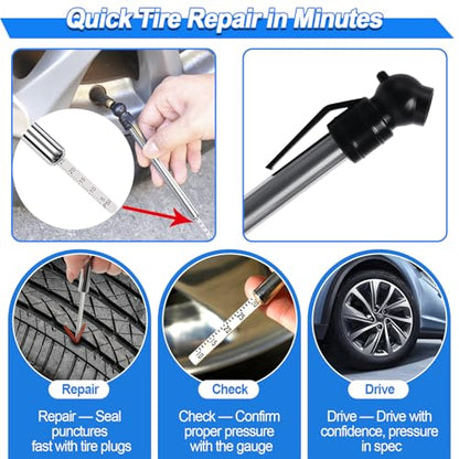 Tire Plug Kit, 160 PCS Tubeless Tire Repair Kit with Metal T-Handle Tools, Repair Strips, Screw-in Repair Plugs, Valve Stem Service Accessories, Pressure Gauge, Gloves & Hard Case - color: 160Pcs Tire Repair Kit