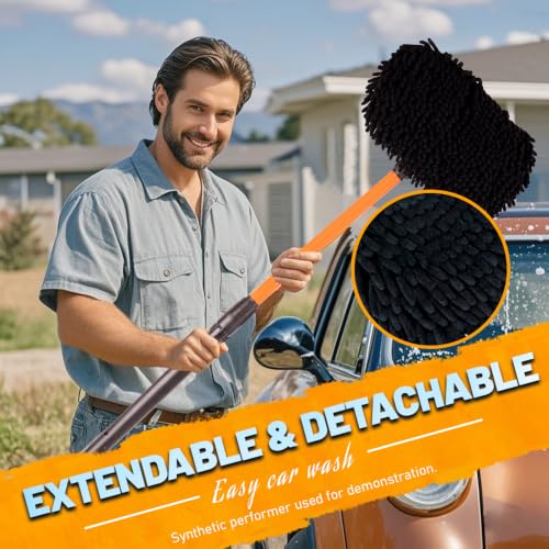Car Wash Brush with Long Handle, Chenille Microfiber Car Wash Mop Kit, Scratch Free Car Cleaning Supplies with Ergonomic 15掳 Curved Extension Pole for RV Truck Boat Windshield - Orange - color: Orange
