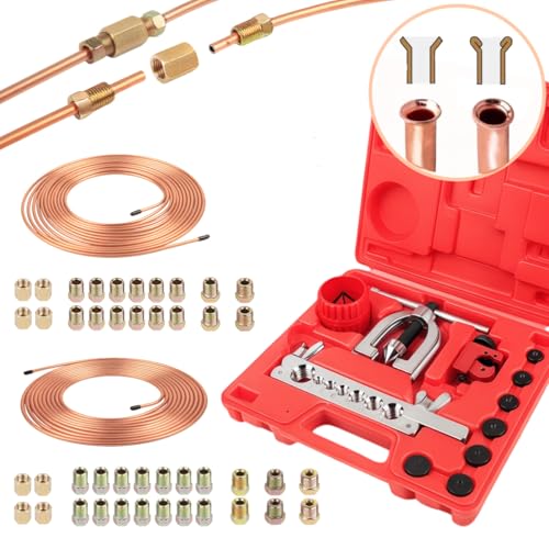 Wostore 25 FT 3/16"+1/4" Copper Coated Brake Line Kit with 44 Brass Fittings & Double/Single Flaring Tool Kit, Complete Brake Line Repair Solution for Cars, Trucks, Motorcycles