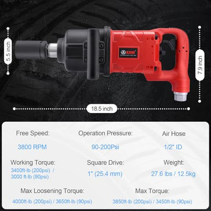 XIIW 1 Inch Air Impact Wrench, Up to 4000 ft-lbs High Reverse Torque | 27.6lbs Lightweight 1'' Impact Gun w/ 2 D Handles 3800RPM Pneumatic Impact Wrench for Heavy Duty Repairs - size: 1 Inch | 4000 ft-lbs