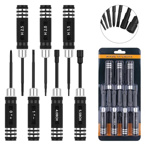 7PCS RC Car Tool Kit Short Handle Hex Screwdriver Nut Set W/Hex 1.5/2.0/2.5mm/4.0BOX/5.5BOX & Phillips & Slotted Screwdriver Fit for 1/18 1/24 Mini Crawler Car TRX4M SCX24 FCX24