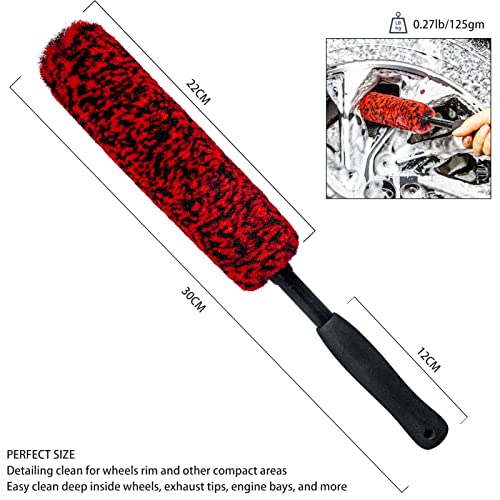 Metal Free Soft Wheel Cleaner Brush, Synthetic Wool Car Cleaning Brush, Highly Water Absorption, Dense and Durable Tire Brush for Cleaning Wheels, Rims, Spokes, Fenders, Engines… - color: Red Eva