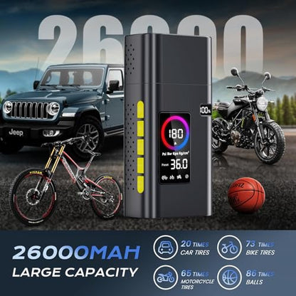 AIPOWAY 180PSI Cordless Tire Inflator for Car, Bike, Motorcycle Tires | 2600mAh Battery, 32L/min Airflow, Digital LCD Gauge, LED Light, Power bank, Auto Shut-off for Road Trips and Camping Gear