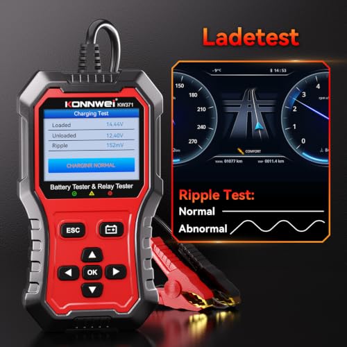 KONNWEI KW371 6V/12V/24V Battery Tester & 4/5Pin Relay Tester 2 in 1 | battery tester automotive with cranking & charging load test, 4/5-pin relay tester, CCA 10-2000, No batteries required. - size: 7.68*3.74*2.17 inch
