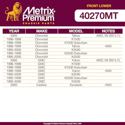 Metrix Premium Chassis Parts - Front Lower Ball Joint Fits 96-00 Chevrolet Tahoe 4WD, 96-99 K1500, 96-99 K1500 Suburban, 96-00 GMC Yukon 4WD, 95-00 K2500, 95-99 K2500 Suburban, K6509, Made in Europe