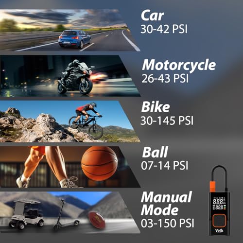 VT06 Portable Tire Inflator, 150 PSI Cordless Air Pump | Dual 2000mAh Battery, Rechargeable, Auto Shut-off, Digital Display, USB-C Out, Car Motorcycle Bike Balls