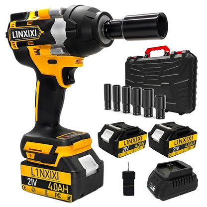 1/2 Cordless Impact Wrench, 1/2 Inch Impact Drive with Brushless Motor, 1000N.m(740Ft-Lbs), 3300PRM, Electric Impact Wrenches with Battery and Charger, 6 Sockets