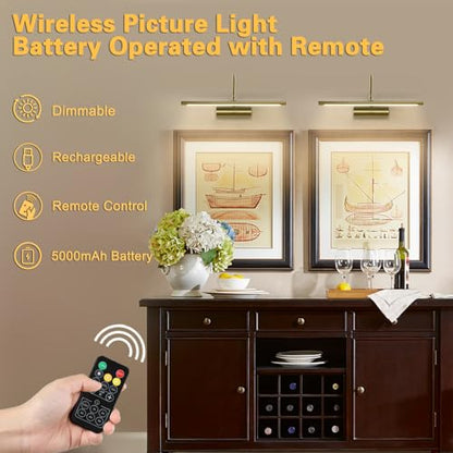 JOOSENLUX Battery Operated Picture Lights Gold Wall Lights Wireless Flexible Neck with Remote Rechargeable Wall Lights for Pictures 16" Dimmable Display Art Light with Timer 3000K Brass - color: Brass, size: Model A