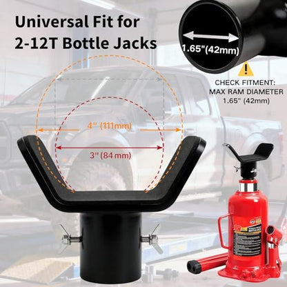 Adjustable Bottle Jack Adapter with Triple-Lock, Secure Wobble-Free Fit for 2T-12T Bottle Jacks, Heavy Duty 1/4" Steel Saddle for 3" & 4" Axle Tubes on RV, Truck, Trailer - color: Black