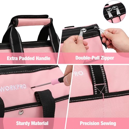 WORKPRO 13-Inch Tool Bag, Pink Soft Cloth Tool Storage Bags, Wide Mouth Tool Tote Bag with Inside Pockets - Pink Ribbon | Soft Cloth, Wide Mouth, Tool Tote Bag - color: Pink