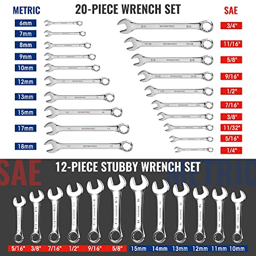WORKPRO 32-Piece SAE & Metric Combination Wrenches Set, 20-Piece Standard wrenches and 12-Piece Stubby Wrenches with Organizer Tray, Cr-V Steel Mirror Chrome Polished