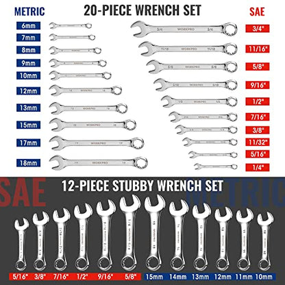 WORKPRO 32-Piece SAE & Metric Combination Wrenches Set, 20-Piece Standard wrenches and 12-Piece Stubby Wrenches with Organizer Tray, Cr-V Steel Mirror Chrome Polished
