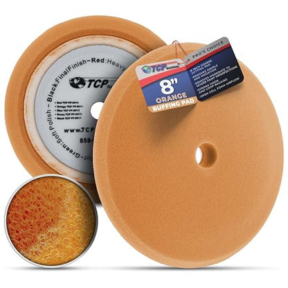 TCP Global 8" Orange Foam Buffing Pad Extra Coarse Cutting Polish Hook and Loop Backing - Buffing Pad for Automotive, Marine, Truck, RV & Compound Cutting - color: Yellow