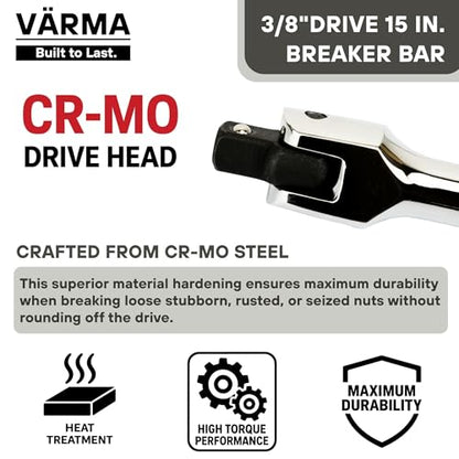 3/8-Inch Drive Breaker Bar, 15-Inch – Heavy Duty CR-MO Head & 15mm Thick Shaft – Dual-Knurled Non-Slip Grip, Constant Tension Flex Head, Premium Mirror Chrome Finish - size: 3/8" Drive x 15"
