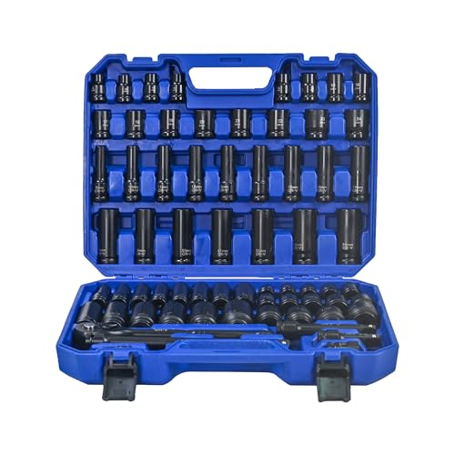 66Pcs Air Tool and Accessories Kit, Universal Long & Short Socket Set with Extension Rods, Connectors and Ratchet Wrenches, Black & Blue