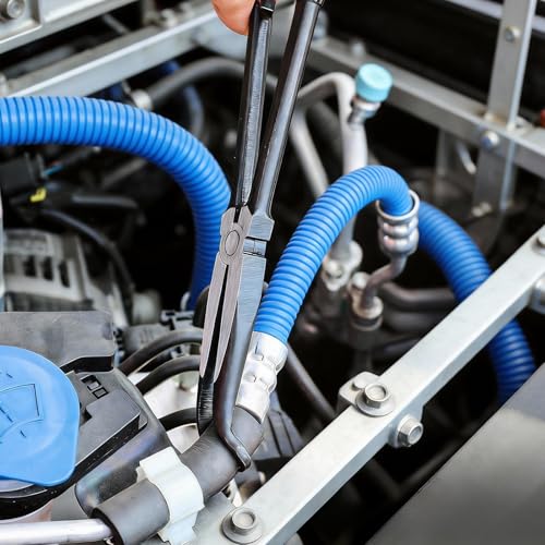 5PC 11" Long Reach Needle Nose Pliers Set | 5-piece 11" long reach needle nose pliers set with bent nose & hose gripper. 58HRC carbon steel for tight engine bays.
