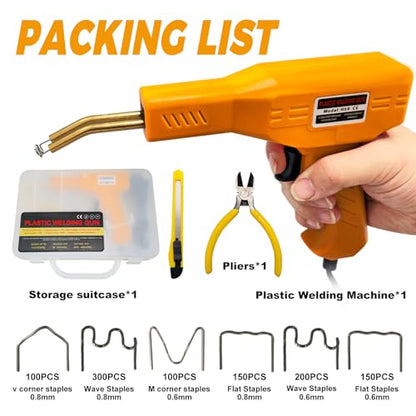 Plastic Welder, 1000PCS Hot Stapler Plastic Welding Kit, Plastic Welder Gun Kit with LED light, AC110v-130v, 6 Types Hot Stapler for Car Bumper and Most Plastic Repair (Yellow)