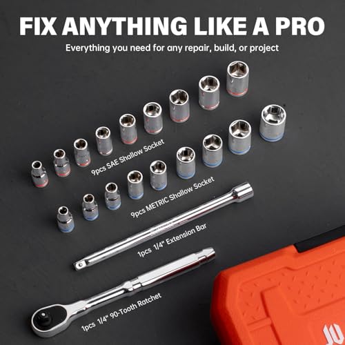 20-Piece 1/4" Drive Shallow Socket Set, SAE/Metric - size: 20pcs Shallow