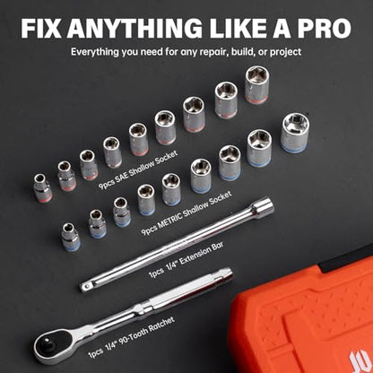 20-Piece 1/4" Drive Shallow Socket Set, SAE/Metric - size: 20pcs Shallow
