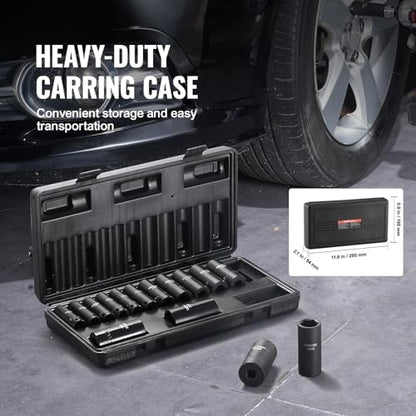 VEVOR 3/8" Drive Impact Socket Set, 15 Piece Deep Socket Set Metric 8-22mm, 6 Point Cr-Mo Alloy Steel for Auto Repair, Easy-to-Read Size Markings, Rugged Construction, Includes Storage Case - style: 3/8" 15PCS CR-MO