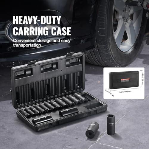 VEVOR 3/8" Drive Impact Socket Set, 15 Piece Deep Socket Set Metric 8-22mm, 6 Point Cr-Mo Alloy Steel for Auto Repair, Easy-to-Read Size Markings, Rugged Construction, Includes Storage Case - style: 3/8" 15PCS CR-MO