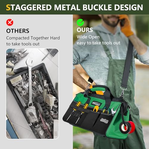 18 Inch Heavy Duty Tool Bag, Large Tool Organizer with 17 Pockets, Wide Mouth Tool Tote with Adjustable Shoulder Strap, Portable Storage Bag for Electricians, Mechanics, Contractors, DIY & Home Repair - size: 18"L x 9"W x 10"H