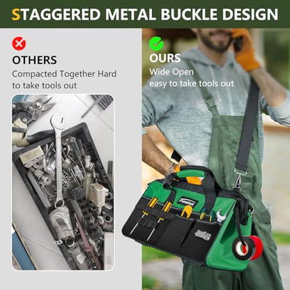 18 Inch Heavy Duty Tool Bag, Large Tool Organizer with 17 Pockets, Wide Mouth Tool Tote with Adjustable Shoulder Strap, Portable Storage Bag for Electricians, Mechanics, Contractors, DIY & Home Repair - size: 18"L x 9"W x 10"H