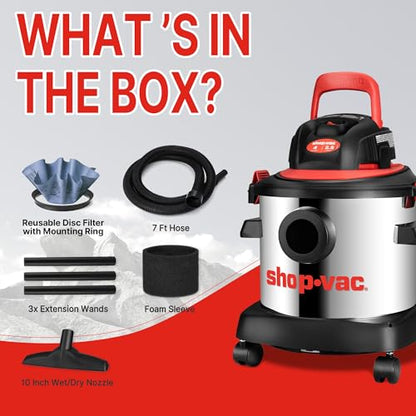 Shop-Vac 5430148 Wet/Dry Vacuum Cleaner, 4 Gallon, 2.5 Peak HP, 1.25 Inch Diameter x 7 Foot Hose, 7 Foot Cord, Ideal for Jobsite, Garage & Workshop